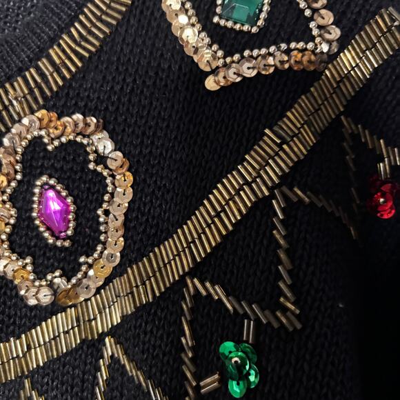 Vintage 90s Exclusive Imports Black Sequin Beaded Ramie Cotton Sweater Harlequin - Picture 8 of 10